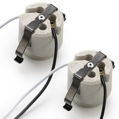 Tellegloww 2 Pack U Clip Porcelain Socket, Medium Base E26 Snap in Keyless Ceramic Socket with 6 Black White Dual Wires, 660W 600V for Fixture Lighting