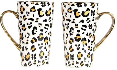 Darthome Set of 2 Large Leopard Animal Print Tall Latte Mugs Hot Drinks Tea Coffee Cups