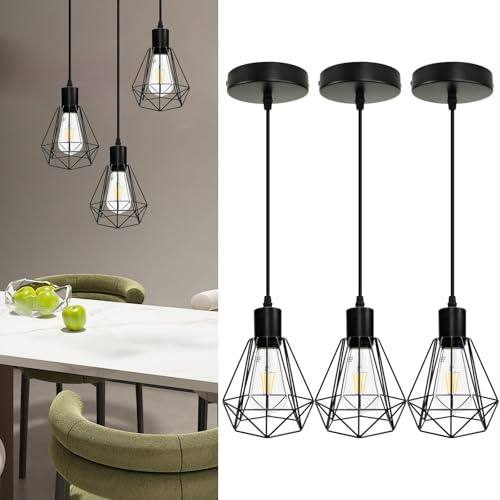 HiBay 3 Packs Pendant Light Height Adjustable, Metal Hanging Lights E27 Ceiling Lights for Kitchen, Dining Room, Living Room