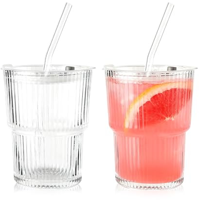 Henrrida Striped Glass Cup 2 PCS 13.5 Oz Iced Coffee,Trinkbecher Mit Deckel Und Strohhalm,Airtight Waterproof Design Gilt Für Kaffee, Matcha, Wasser, Getränke, Milchtee 400ml