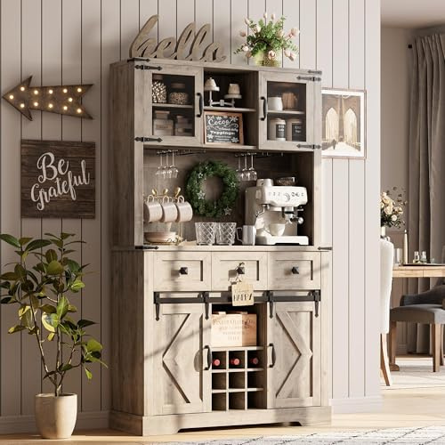 72 in Farmhouse Bar Cabinet with Sliding Barn Door, Tall Kitchen Buffet with Storage Hutch and 3 Drawer, Rustic Coffee Wine Bar Sideboard with Wine & Glasses Rack, for Living Room, Washed Grey