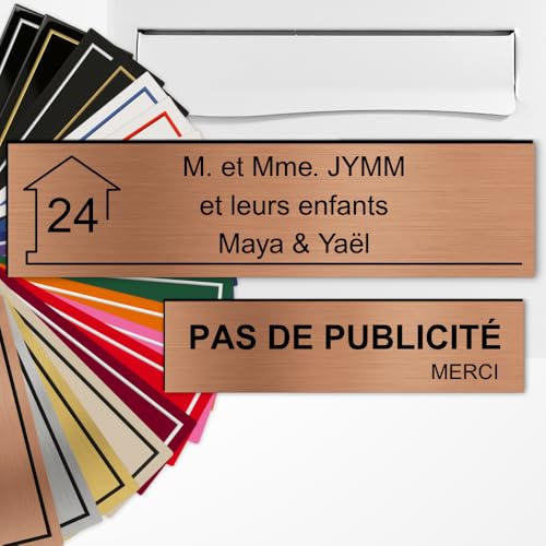 Plaque Boîte aux Lettres et Stop Pub Personnalisée Cuivre brossé/Noir | Lot de 2 Plaques boîte aux lettres et Pas de Publicité , Gravure Laser, 22 Couleurs, Avec ou Sans Motif, Adhésif 3M