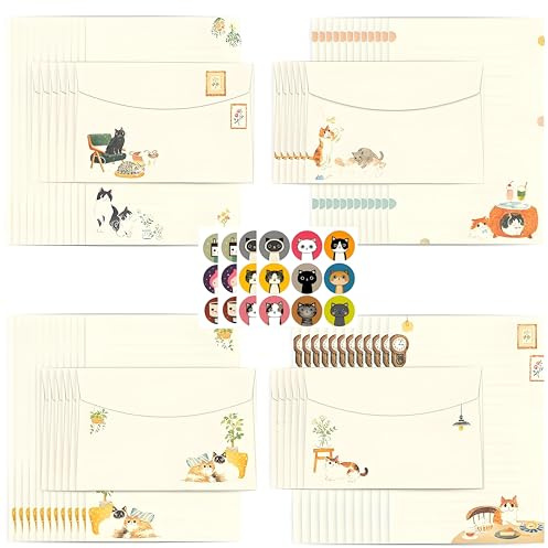 Acidea Writing Paper and Envelopes Set, 72 PCS Cute Cat A5 Letter Writing Stationery Kit with Stickers for Invitations Gift Decorations Holiday Party, 48 Lined Stationery Paper with 24 Envelopes