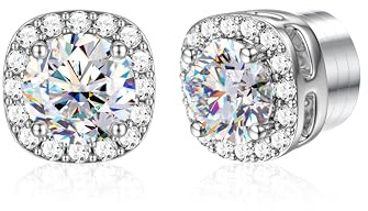 GEMQUEEN Moissanite Magnetic Earrings for Men : 18K White Gold Plated Hypoallergenic Stainless Steel Non Piercing Clip on Fake Earrings Studs Halo Square Diamonique Earring Women D Color VVS1 5MM