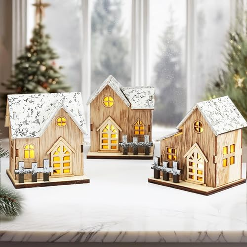 LUKIUP 3 Stück Weihnachtsdorf mit Beleuchtung, Weihnachtshaus Beleuchtet, Weihnachtsdeko Holz LED, Weihnachtshaus Deko, Weihnachten, weihnachtshäuser Weihnachten Weiß