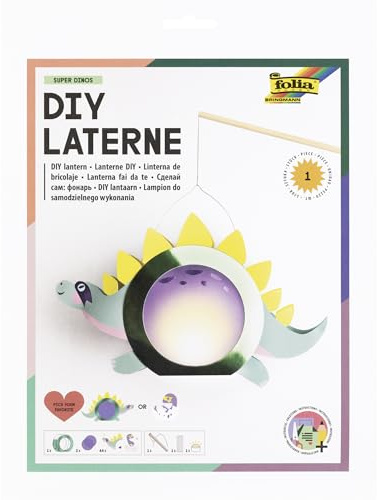 folia 94304 - DIY Laterne SUPER DINOS, ca. 19 x 40 x 6 cm - Laternen Bastelset gestaltbar als Dino oder Dino-Baby, inkl. LED Licht, 2 Batterien und Klebepad