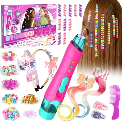 Fozcmisw Geschenk Mädchen 5 6 7 8 9 Jahre – Haarschmuck Mädchen Set mit Haarflechtmaschine, DIY Haarperlen & Flechthilfe, Einhorn Haarreif und Haarclips – Kinder Spielzeug ab 5-12 Jahre Geburtstag