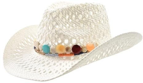AKDJGFP Strohhut Strohhut Sommer Cowboy Strohhut for Frauen Reise Strand Sonnenhüte(White)