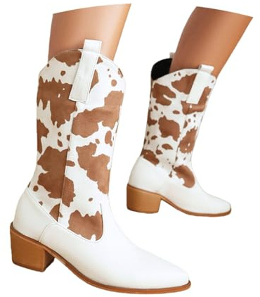 Retro Western Cowboystövlar Med Tryck for Kvinnor Ridstövlar I PU-läder Med Blockklack Slip-on-stövlar Med Brett Skaft Casual Ankelskor for Utomhusbruk, Fester Och Konserter(Brown,38 EU)