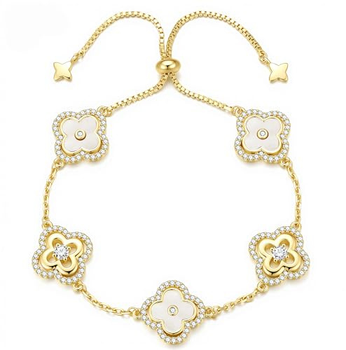 Turandoss Kleeblatt Armband Damen Gold, 14K Vergoldet Armbänder | Cubic Zirkonia Kleeblatt Armband Glücksarmband Schmuck Geschenk für Frauen Mädchen
