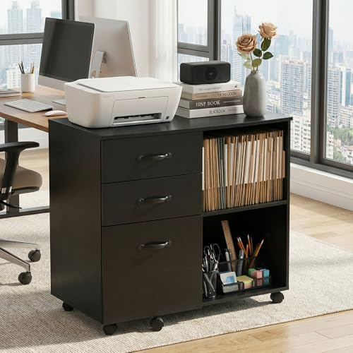 buybyroom Rollcontainer mit 3 Schubladen, 2 offenen Fächern, Holz Aktenschrank Schreibtisch Unterschrank mit 5 Rollen, Büroschrank Schreibtischcontainer Hängeregisterschrank Druckertisch, Schwarz