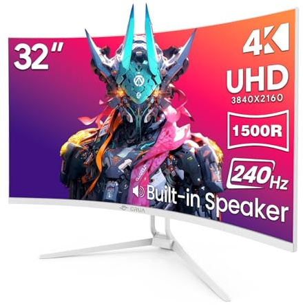 CRUA - Moniteur de jeu incurvé 32, 4K UHD 3840x2160, écran VA 240Hz, 1500R, AMD FreeSync, 120% sRGB, haut-parleurs intégrés, HDMI 2.1 et DP 1.4, moniteur PC mural blanc pour jeux, streaming