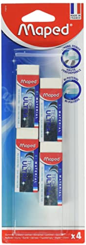 Maped - Lot de 4 Gommes Technic Ultra Classic Blanches Bi-Matière Dust Free Sans PVC Fabriquées en France