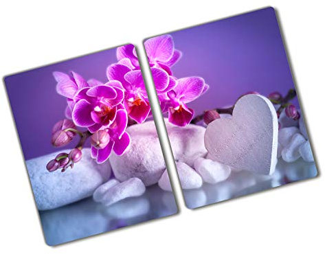 Küchenbrett Glas 2x40x52 cm Rutschfest Silikonfüße Antibakteriell Plastikfrei Gehärtetes Glas Hitzebeständig für die Küche 2 Stück Glasplatte Lebensmittelecht Dekorativ - Orchidee und Herz