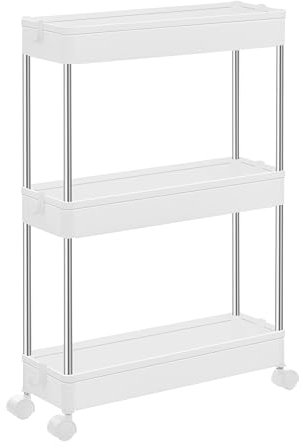 SONGMICS Carrello Portaoggetti a 3 Livelli, Carrello con Ruote, Carrello da Cucina Salvaspazio in Bagno Ufficio, 14,4 x 42 x 60,6 cm, Bianco Nuvola KSC007W01