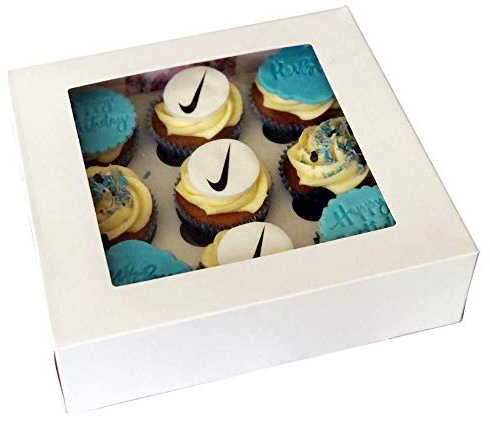 MASS DYNAMIC White Cupcake Boxes – Pre-Assembled Cupcakes Carrier with 9 Holes/Cavity Inserts and Window, Cupcake Holder Box, Food Grading Container for Muffins (Pack of 25)