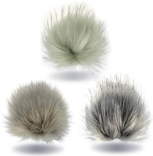 Wohnkult Bommel-Set 3 x Kunstfellbommel mit Druckknopf Hellgrau + Grau + Dunkelgrau Pelz Ø15-17 cm Mützen Schlüssel Anhänger Pommel Bommel…