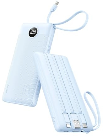 VRURC Portable Charger for iPhone, Built in Cables & Lanyard Power Bank 10000mAh, Compact USB C Charging Bank 5 Outputs for Multi Devices,Travel Essential for Hiking Camping Business Cruise Ship-Blue