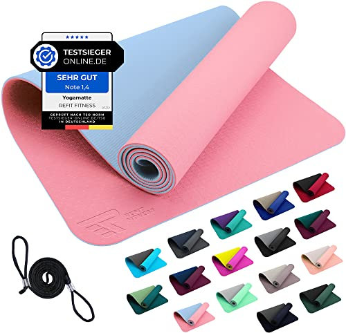 REFIT FITNESS Yoga Matte Perfect-Fit 190 x 60 x 0,6 cm GeckoGrip Sensi-Plus TPE Yogamatte Rutschfest Schadstofffrei Tragegurt Sportmatte Fitnessmatte Gymnastik Sport Pilates Rosa Hellblau