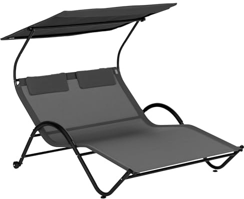 Outsunny Lettino Prendisole Reclinabile a 2 Posti in Acciaio con Ruote, Poggiatesta Imbottito e Tetto Parasole, 200x137x138 cm, Grigio