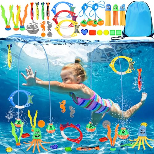 Hysagtek Tauchringe für Kinder Set, 26 Stücke Pool Spielzeug, Schwimmspielzeug für Tauchtraining Poolparty Schwimmbad, Tauchen Ringe Torpedo Seetang Oktopus Tauchen Edelsteine Tauchen Tür