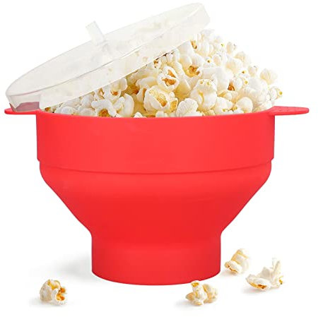 Large Microwave Popcorn Bowl with Lid and Handle, Food Grade Silicone Popcorn Popper, Resuable Microwave Popcorn Maker, Foldable DIY Popcorn Making Bowl, 40℃ to +230℃ Temperature Resistance (Red)