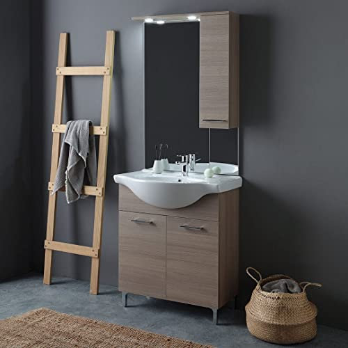 Kiamami Valentina - Composione bagno a terra 75cm quercia naturale con lavabo, specchio e pensile Rimini