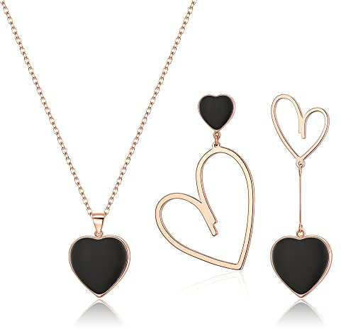 EVER FAITH Herz-Schmuck-Set für Damen Schwarzes Herz Anhänger Halskette und Asymmetrische Ohrringe Set Schmuck Geschenke