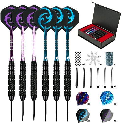 flintronic Dart med stålspets, 6 st professionella pilar stålspets, dart stålspets med aluminiumstänger med O-rin/standard och smala vinglar/vässare för mörkar/fodral
