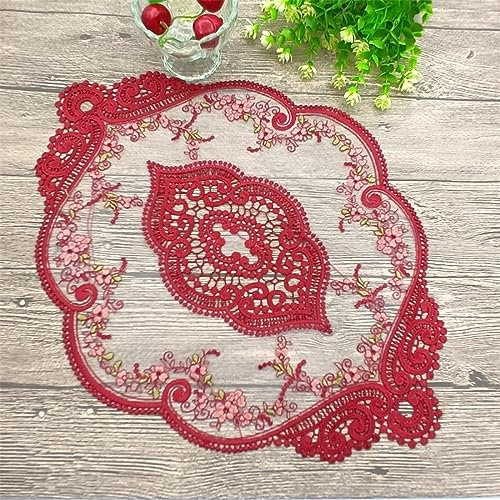 Wambere 2 Stück 31 × 44 cm Spitze Tischsets Untersetzer Blumenstickerei Milch Seide Bestickt Tischdecke Für Tischdekoration Heimdekoration Szenenlayout Bankettdekoration Feiertagsdekoration,Rot
