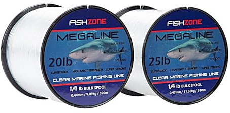 FISHZONE - 2 x MEGALINE 4oz Bulk Spools (0.35mm Dia) EXTRA MARINE Sea Fishing Line - Clear Mono - High Abrasion & Knot Strength - Bass Mackerel Cod Wrecking & Surf Casting (2 x 510m of 25lb / 11.36kg)