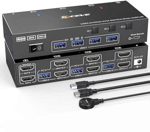 USB 3.0 HDMI KVM Switch 4K@60Hz, Dual Monitor HDMI KVM Switcher With EDID Emulator, Support Copy and Extended Display, for 3 Computers Share 2 Displays and 4 USB 3.0 Ports