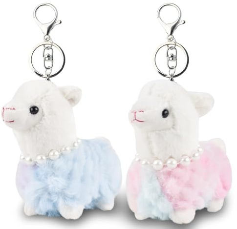 Anboor 2Pack Peluches pequeños de alpaca con llavero Peluche de oveja Kawaii Regalos para el aula de kindergarten (Azul y Rosa)
