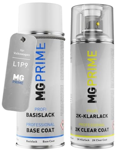 MG PRIME Autolack 2K Spraydosen Set für Volkswagen VW L1P9 / 1P9 Schwarz Mat/Black Matt Basislack 2 Komponenten Klarlack Sprühdose