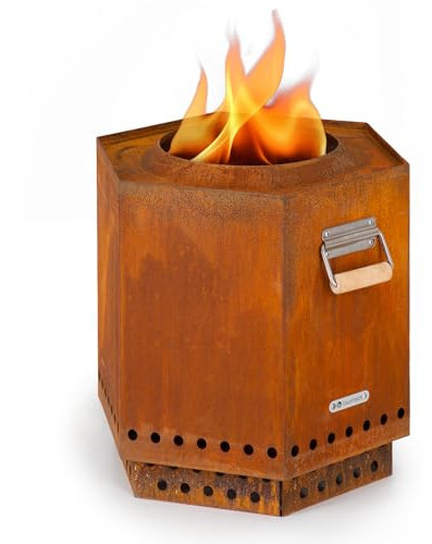 Blumfeldt Cuenco de Fuego, Hoguera móvil con Cubierta para la Lluvia, Asas de Madera, Mesa de Fuego para Exteriores, Chimenea de leña de Mesa con Vista 360°, Hoguera para el Patio y la terraza