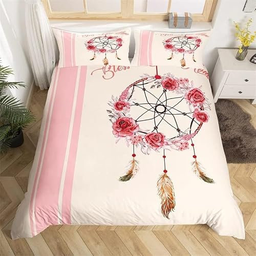 MAQUE Rosa BettwäSche Set TraumfäNger BettwäSche 135x200, WendebettwäSche und Kissenbezug 80x80, Weiche & Angenehme & Atmungsaktive Mikrofaser BettwäSche-Sets mit ReißVerschluss