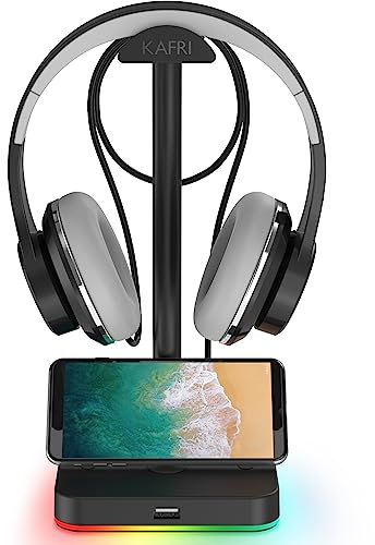 KAFRI RGB Headphone Stand with USB Hub, Desk Gaming Headset Holder Hanger Rack with 1 USB2.0 Extension Charging Port Cord - Suitable for Gamer Desktop Table Game Earphone Accessories