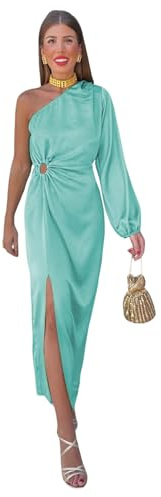 Generico Abito Donna Lungo Mono Spalla Manica Sbuffo Spacco Elegante Sensuale Verde Acqua/Taglia Unica