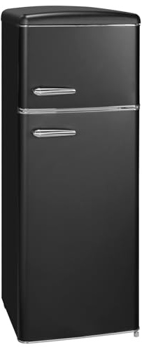 Exquisit® Frigorífico Combi Retro 206L, Negro Mate, Clase E, Congelador 4 Estrellas, Tiradores Metálicos Vintage, Estantes de Cristal, Cajón Verdulero, Medidas (146,5 x 54,5 x 57,5 cm)