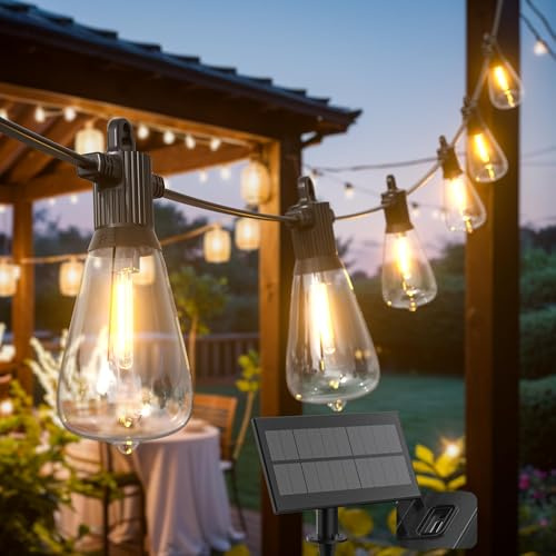 Kawaya Solar Lichterkette Außen 15M, IP65 Wasserdicht | Solar Lichterkette Outdoor Wiederaufladbar 5 Lichtmodi mit ST38 Glühbirnen Outdoor Balkon Lichterkette für Garten Terrasse