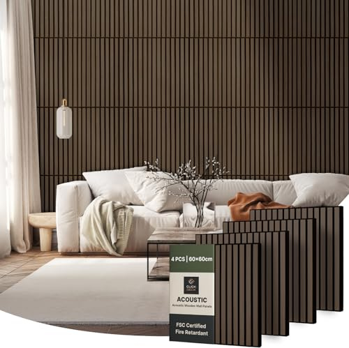 CLICK-DECK Lot de 4 panneaux muraux acoustiques de qualité supérieure pour murs d'entité, absorption du bruit, panneaux de bois modernes et élégants pour murs, 60 x 60 cm (chêne fumé)