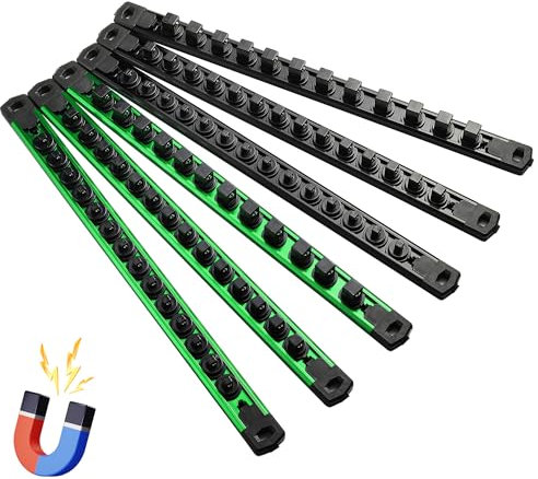 Reniteco Magnetic Socket Organizer Set, 6PC 1/2 3/8 1/4 Drive Aluminum Alloy Socket Holder with 80PC 360° Swivel Removable Clips, Magnetic Socket Rail for Tool Box Drawer, Black&Green