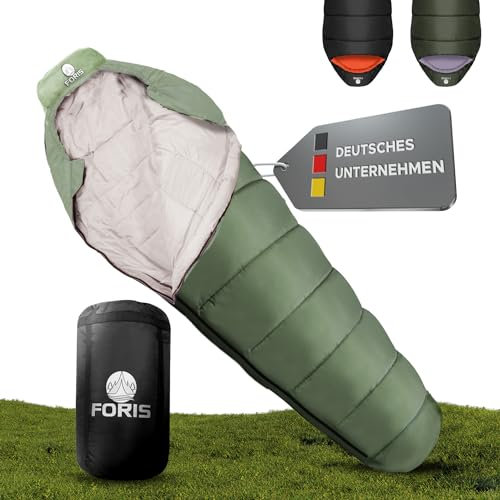 Foris® Schlafsack 3-4 Jahreszeiten | von -5°C-20°C | maximal warm | extra Lange Form 220x80cm | Mumienschlafsack | Absolut wasserdicht | geeignet für Outdoor und Indoor | Grün