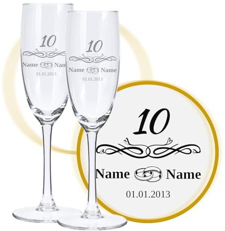 LALALO Sektglas Ringliebe mit Gravur, personalisiert mit Namen, Datum & Wunschtext, Sektglas Gravur, champagnerglas graviert, Geschenk zur Rosenhochzeit, 10. Hochzeitstag, Jahrestag