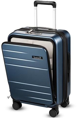Luggex Valigia da portare con sé con scomparto per computer portatile, bagaglio a mano espandibile, valigia da cabina rigida per PC con 4 ruote girevoli, TSA, 55 cm, porta USB, Blu, 55*36*24CM