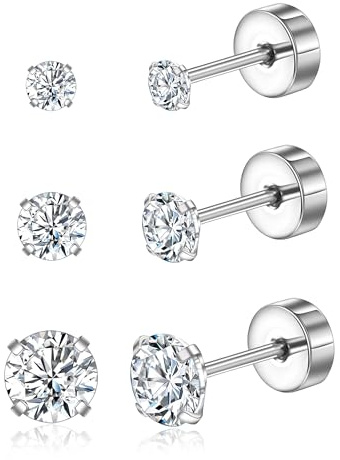 Ohrringe 3er Set, Titan Ohrringe Hypoallergen Damen Herren Mädchen G23 Titan Ohrstecker mit Schraubverschluss Zirkonia Ohrstecker 3/4/5mm