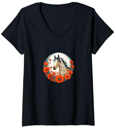 Damen Niedlicher Appaloosa Pferd Kunst Mohnblume Blumenkranz T-Shirt mit V-Ausschnitt