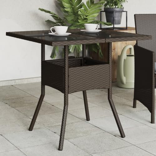 Tidyard Gartentisch Terrassentisch Balkontisch Esstisch Outdoor Bistrotisch Tisch Gartenmöbel Teetisch Holztisch Kaffeetisch Campingtisch mit Glasplatte Braun 80x80x75 cm Poly Rattan