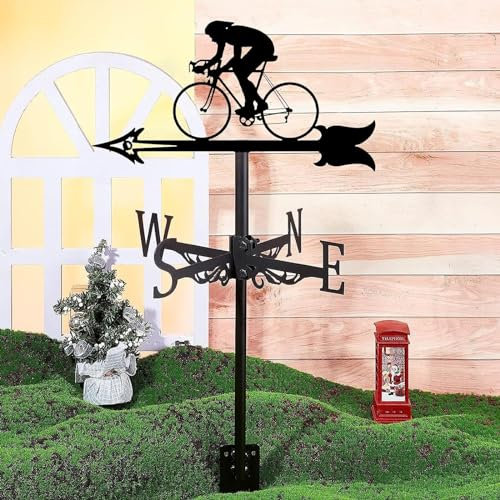 Wetterfahne für Dach Wetterfahne aus Metall Windrichtungsanzeiger-Set Windfahne mit Halterung Wetterhahn für Den Garten im Freien(Cycling)