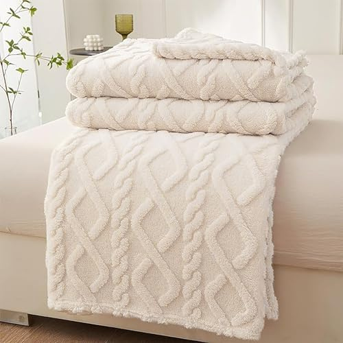 VANJOROY Fleece Blanket Large Throw for Sofa and Bed,400 GSM Lightweight Blanket, 100% Microfiber Fuzzy Soft Warm Cozy Fluffy Wool Throw for Chair Travel. Beige White, 200×230cm